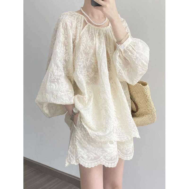 Vapetix M size fits for 80-110 lbs wear-L fits for 110-120 pounds in weight Linen Embroidered Sun Protection Shirt and Shorts Set for Women - Summer Loose Top and Five-Finger – Bild 2