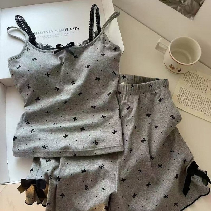 Vapetix M recommends 75-90 pounds-2XL recommended 120-140 Korean-style girl spaghetti strap sleepwear set for summer with design elements, bow lace, lace tri – Bild 3