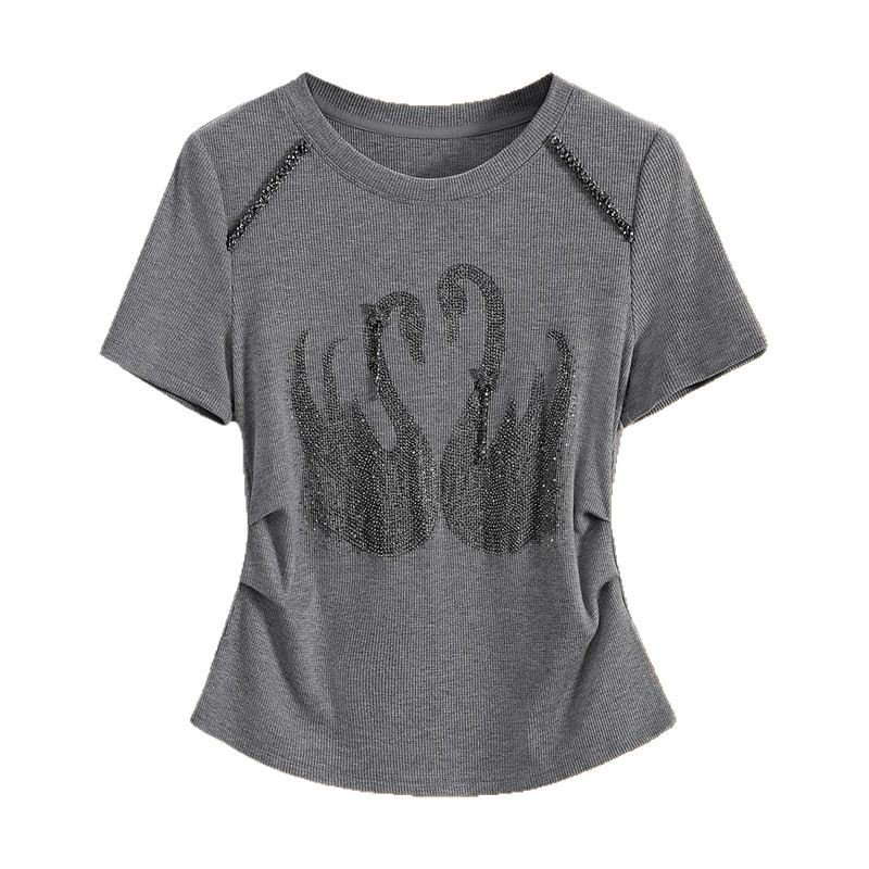 Vapetix M【85-100 pounds】-XXXL【160-175 lbs】 2025 Summer Fashion Trendy Gray Short-Sleeve T-Shirt for Women Slimming Embroidered Heavy Work with – Bild 4