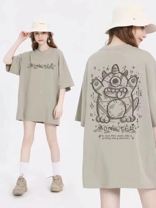 Vapetix S-XXL Cotton  Pure Cotton Backless Collar Summer New Print Little Monster Crew Neck Short Sleeve T-Shirt for Wome