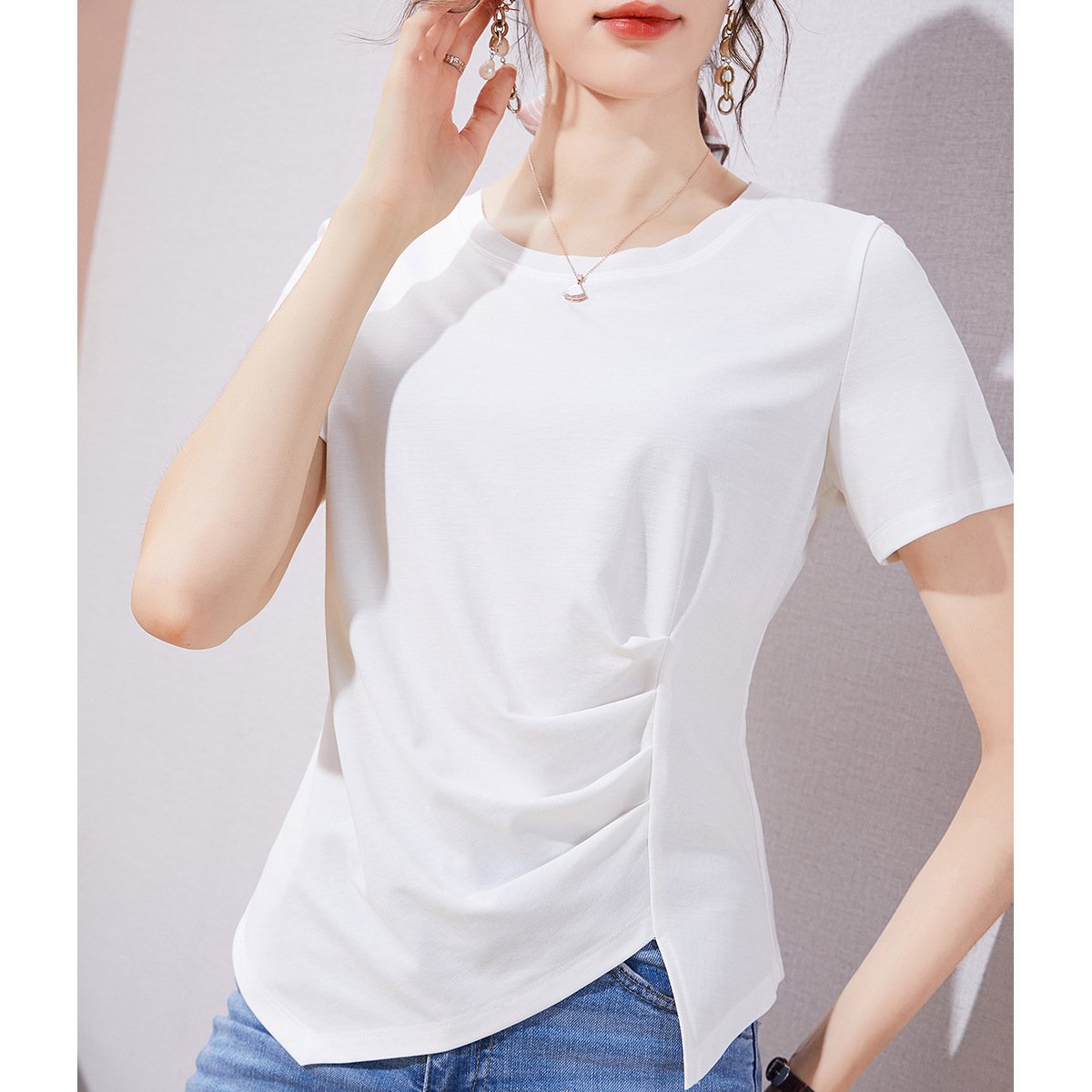 Vapetix M-XXXXL Women's Short Sleeve Summer T-shirt 2025 with Pleated Design, Asymmetrical Top, Trendy and Stylish – Bild 5