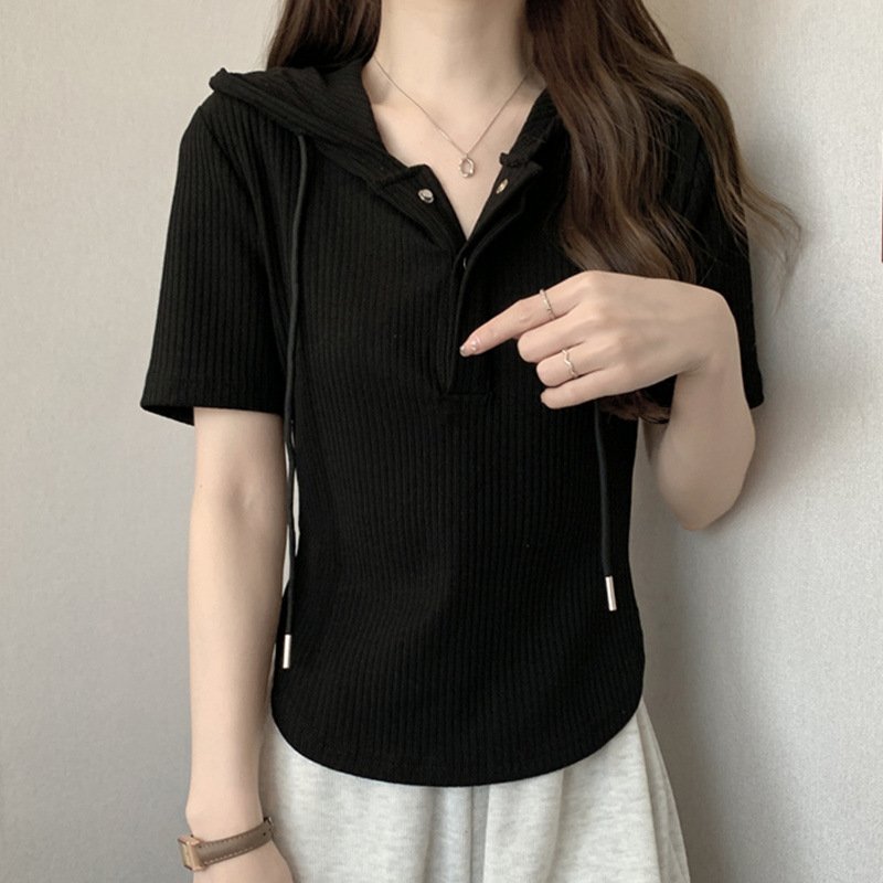 Vapetix M suggestion (40-50 kg)-Size 4XL recommended (181-200 lbs) Women's Hooded Regular Shoulder Short Sleeve T-shirt 2025 Summer Plus Size Slimming Stomach Coverin – Bild 3