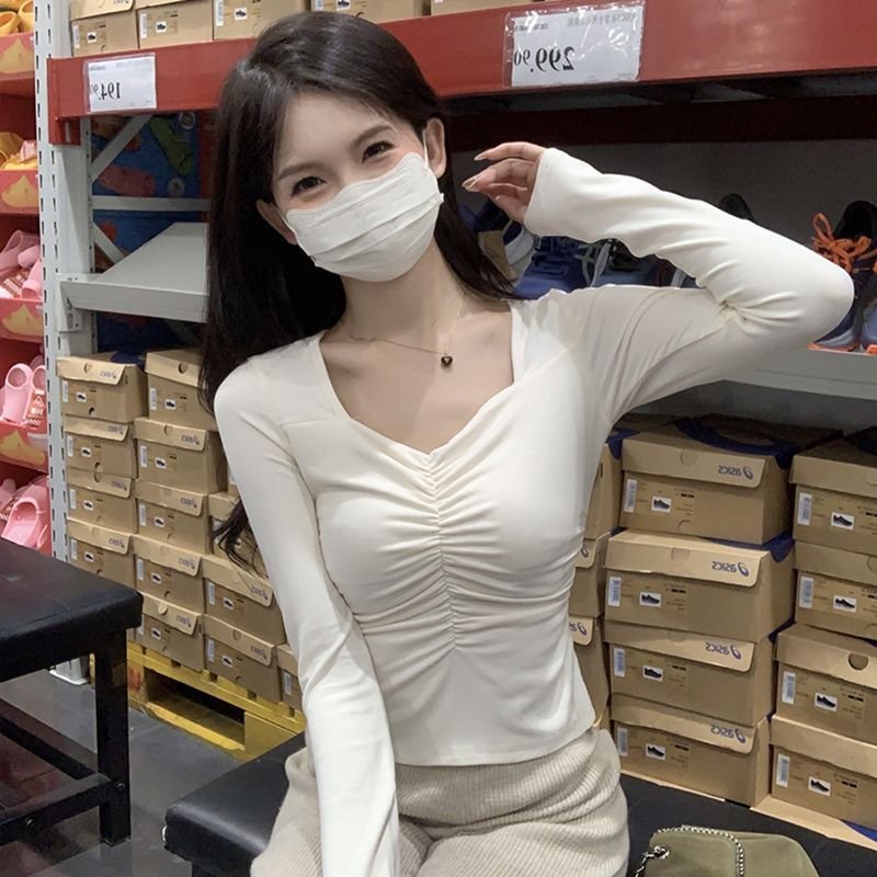 Vapetix S(60-80 pounds)-2XL (130-150 lbs) Fall/Winter Pure & Alluring Slimming Short Korean-Style V-Neck Long-Sleeve Velvet Base Top for Wome