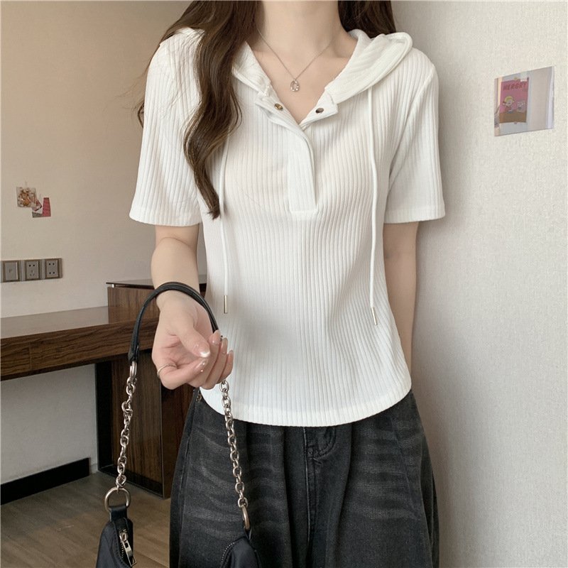 Vapetix M suggestion (40-50 kg)-Size 4XL recommended (181-200 lbs) Women's Hooded Regular Shoulder Short Sleeve T-shirt 2025 Summer Plus Size Slimming Stomach Coverin – Bild 4