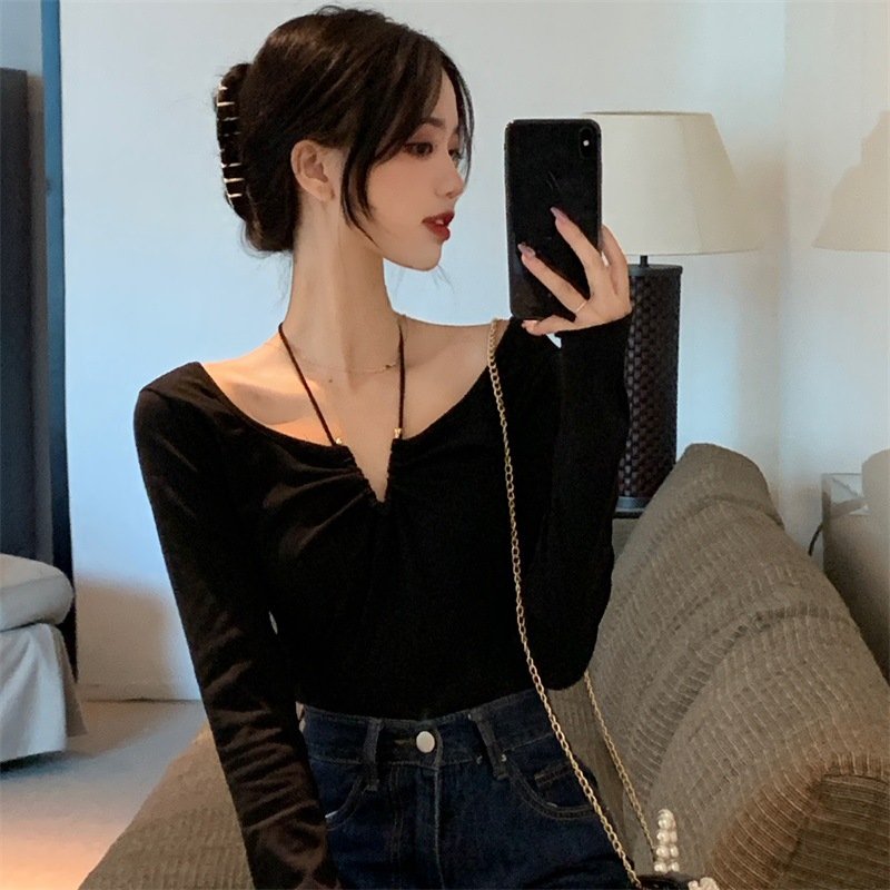 Vapetix Unisex (80-120)-Unisex (80-120) Pure Desire Hot Girl Long Sleeve T-Shirt Women Design Fitted Revealing Collar Slimming Base Top for – Bild 4