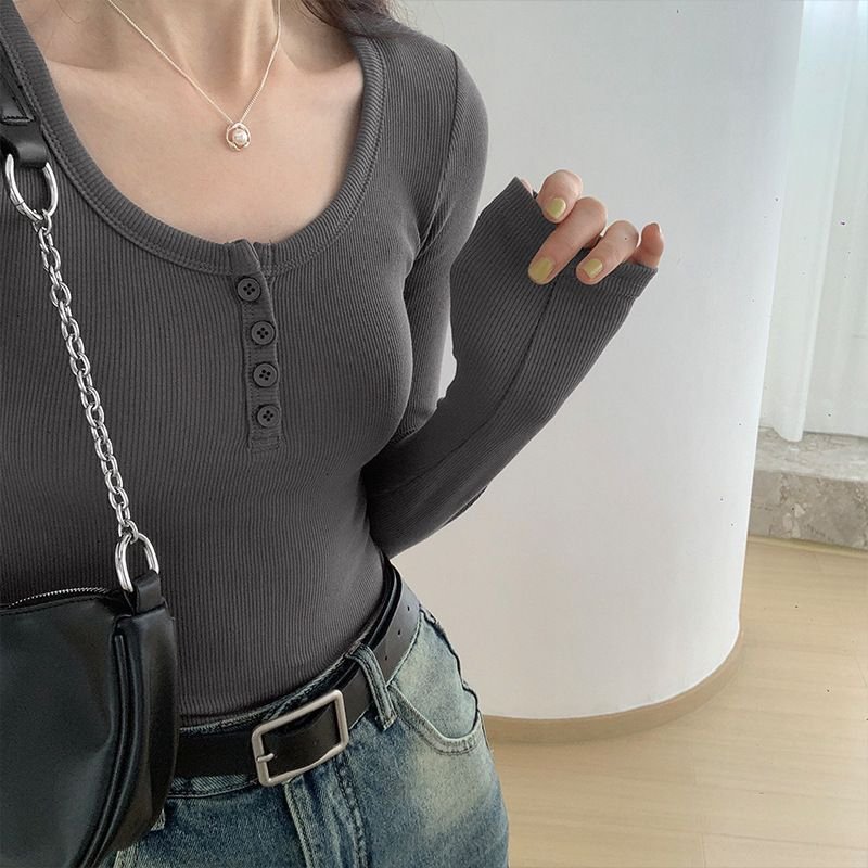 Vapetix ●M-●XXL Women's 2025 Autumn Outfit Inner Shirt Collared Crew Neck Ribbed V-Neck White Long Sleeve T-Shirt – Bild 5