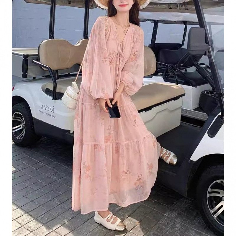 Vapetix S-2XL Long-sleeved Dress Korean Version 2025 Summer New Floral Loose Cover Belly Lantern Sleeve Dopamine - 图片 2