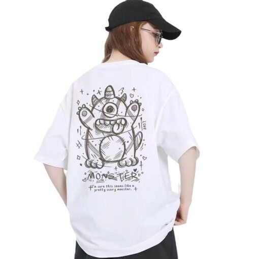 Vapetix S-XXL Cotton  Pure Cotton Backless Collar Summer New Print Little Monster Crew Neck Short Sleeve T-Shirt for Wome – Bild 3