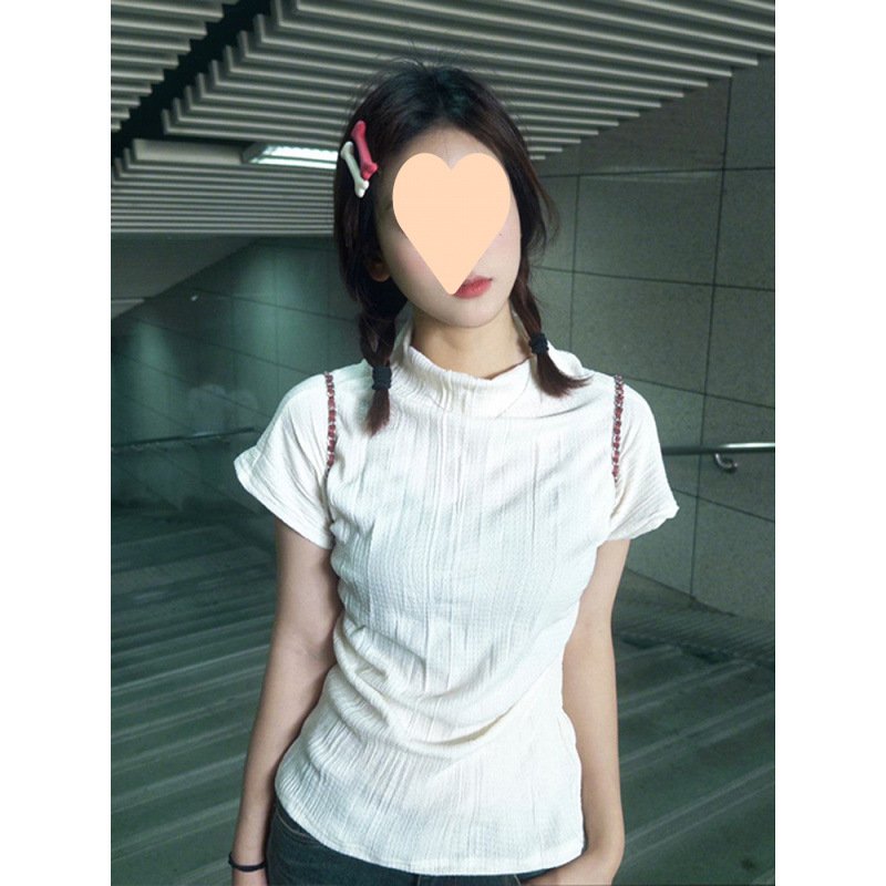 Vapetix XS-2XL Vintage American Regular Shoulder Short Sleeve Women's Summer Fitted Waist Pleated Design Aesthetic – Bild 6