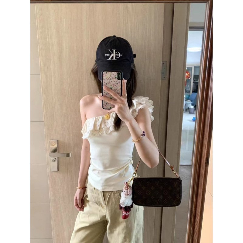 Vapetix S-XL 2025 French Pure Desire Lace Splicing Off-Shoulder T-shirt for Women Summer Unique Fitted Short-Sle – Bild 3