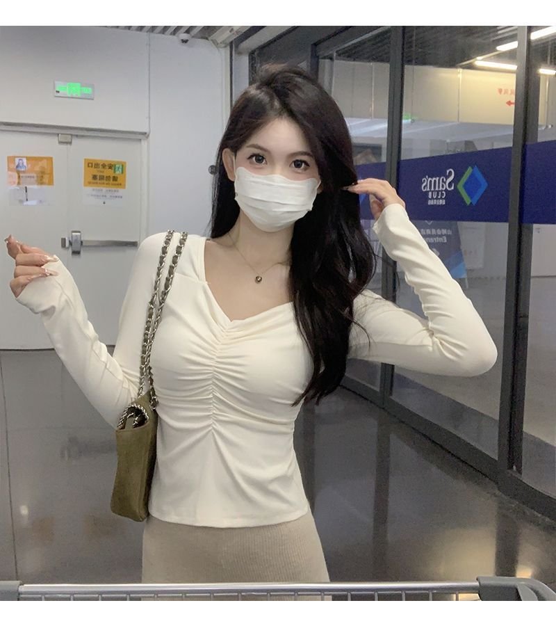 Vapetix S(60-80 pounds)-2XL (130-150 lbs) Fall/Winter Pure & Alluring Slimming Short Korean-Style V-Neck Long-Sleeve Velvet Base Top for Wome – Bild 2