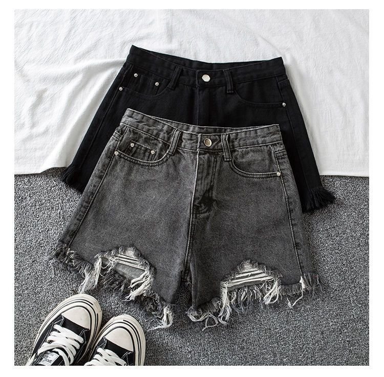 Vapetix S-2XL Gray denim shorts for women, summer tassel high-waisted frayed loose slimming student ripped Instag – Bild 7