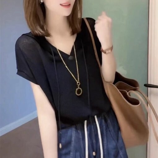 Vapetix Free Size-Free Size  High-end Women's Fashion 2024 New Summer Stylish and Elegant Hooded Knit Top with Drawstring, Thin – Bild 3