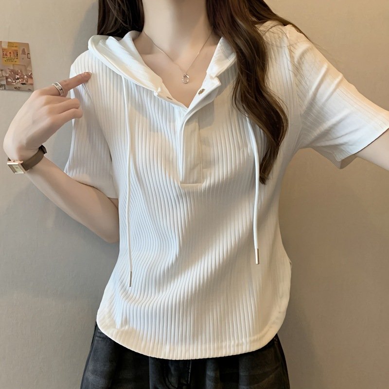 Vapetix M suggestion (40-50 kg)-Size 4XL recommended (181-200 lbs) Women's Hooded Regular Shoulder Short Sleeve T-shirt 2025 Summer Plus Size Slimming Stomach Coverin – Bild 5