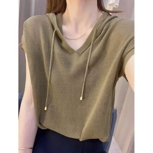 Vapetix Free Size-Free Size  High-end Women's Fashion 2024 New Summer Stylish and Elegant Hooded Knit Top with Drawstring, Thin – Bild 4