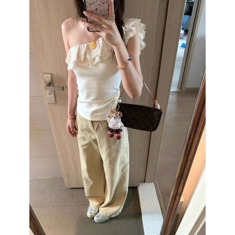 Vapetix S-XL 2025 French Pure Desire Lace Splicing Off-Shoulder T-shirt for Women Summer Unique Fitted Short-Sle – Bild 5