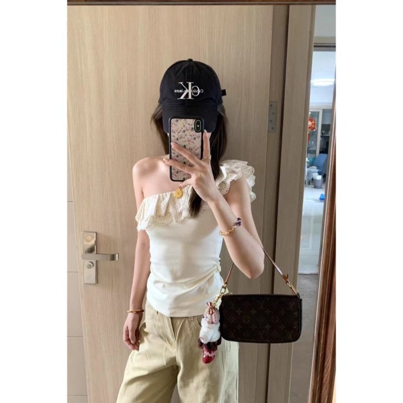 Vapetix S-XL 2025 French Pure Desire Lace Splicing Off-Shoulder T-shirt for Women Summer Unique Fitted Short-Sle – Bild 6