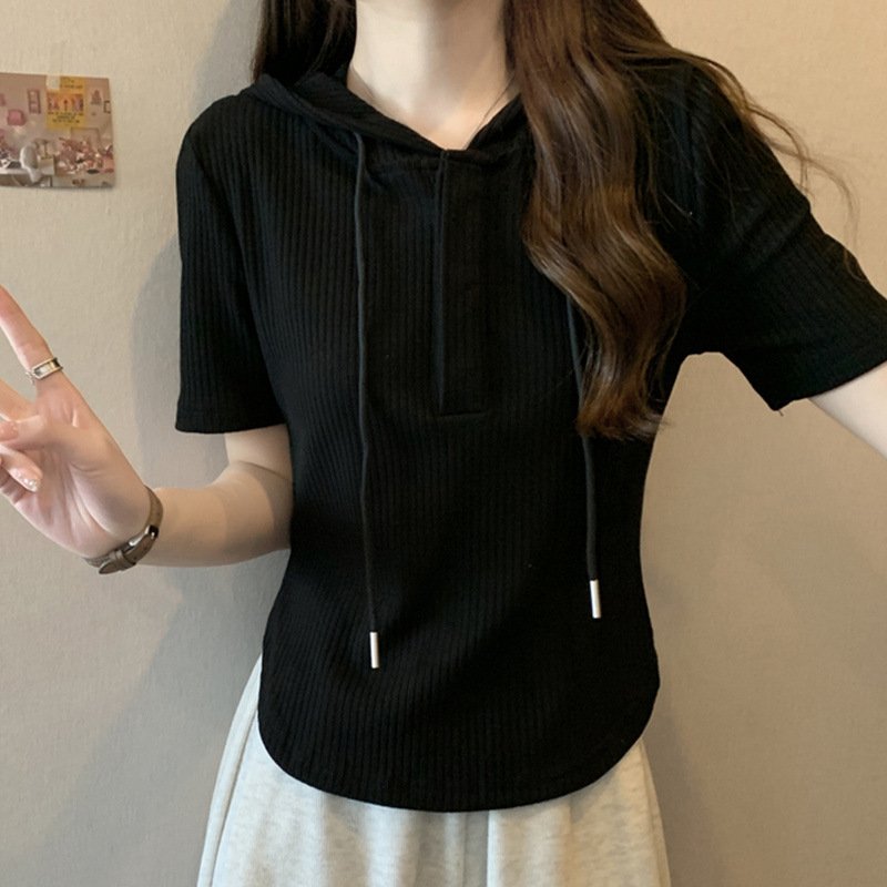 Vapetix M suggestion (40-50 kg)-Size 4XL recommended (181-200 lbs) Women's Hooded Regular Shoulder Short Sleeve T-shirt 2025 Summer Plus Size Slimming Stomach Coverin – Bild 6