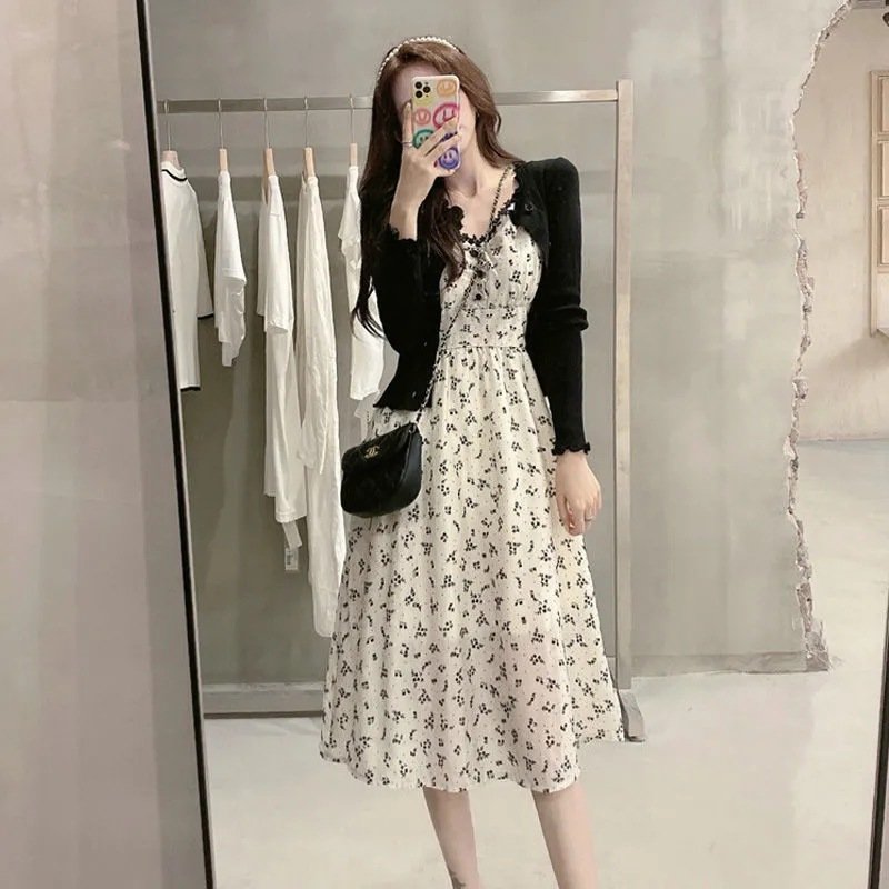 Vapetix M-4XL Spring and Summer Plus Size Women's Fat Sister Floral Camisole Dress Knit Two-Piece Set Elegant and – Bild 3