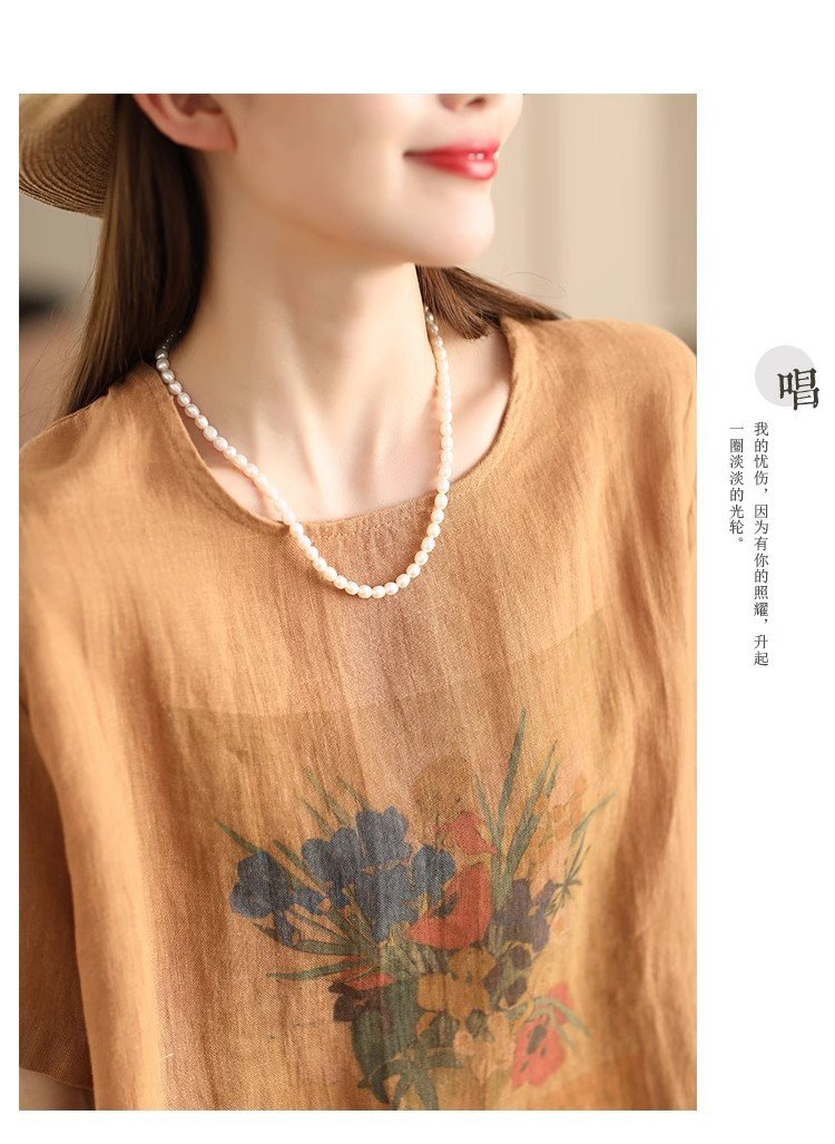 Vapetix M-3XL #603 2025 Summer Printed Cotton-Linen Blouse Women's Round Neck Short Sleeve Top in Linen Brown, Ca – Bild 4