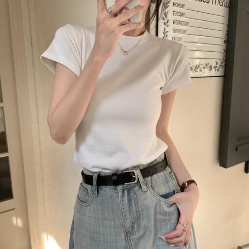 Vapetix S-XL  Elevated-Style Threaded Off-Shoulder Crew Neck T-Shirt for Women | Summer Short-Sleeve, Slim-Fit, V – Bild 8