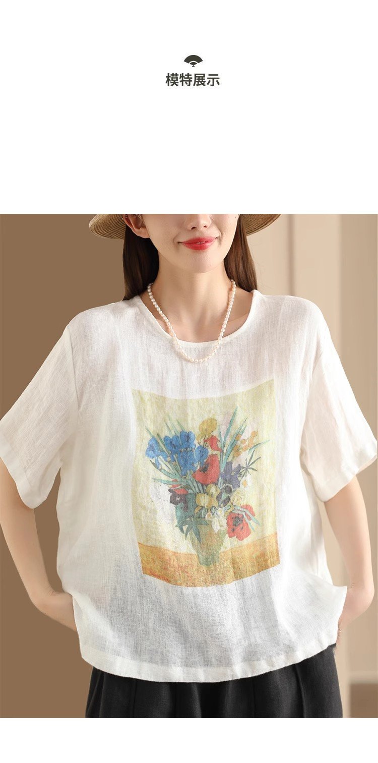 Vapetix M-3XL #603 2025 Summer Printed Cotton-Linen Blouse Women's Round Neck Short Sleeve Top in Linen Brown, Ca – Bild 5
