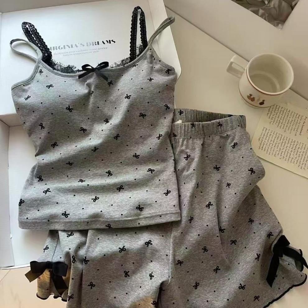 Vapetix M recommends 75-90 pounds-2XL recommended 120-140 Korean-style girl spaghetti strap sleepwear set for summer with design elements, bow lace, lace tri – Bild 6