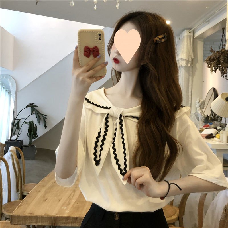 Vapetix S-2XL Women's Design-Oriented, Niche Summer 2025 Short-Sleeve Navy Collar Sweet and Unique Top College St – Bild 7