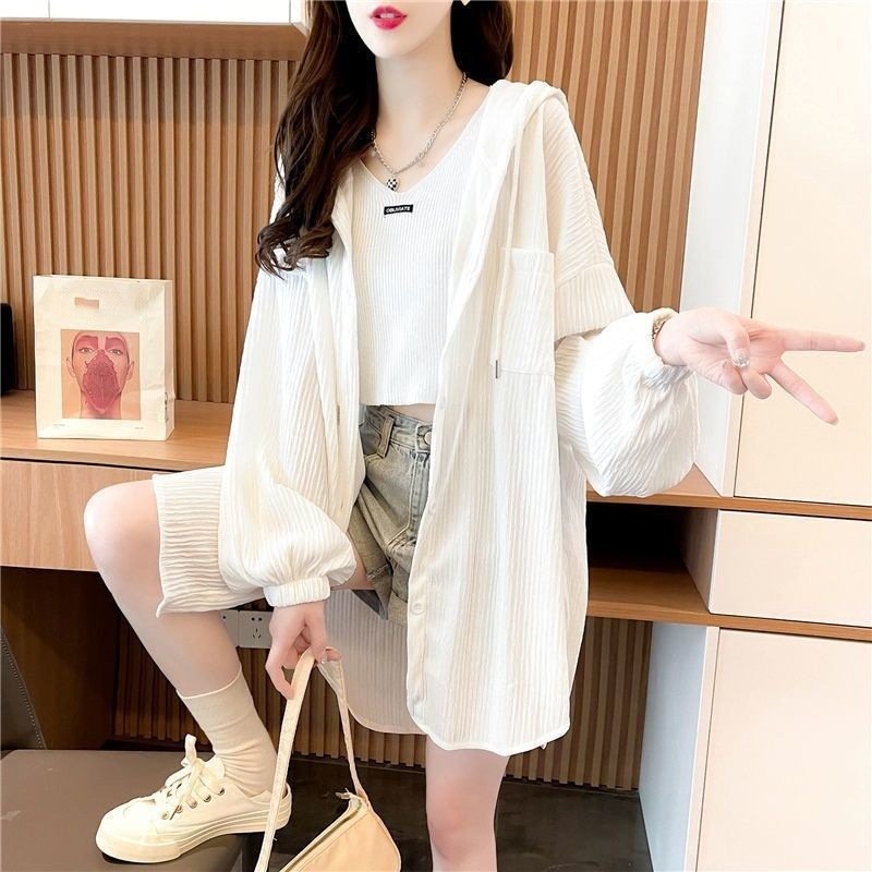 Vapetix S (around 95 jin)-3XL (75kg-85kg) Women's Loose Fit Long-Sleeve Shirt Top, Hooded Sun Protection Jacket, Summer New Outerwear, Stylis - 图片 6