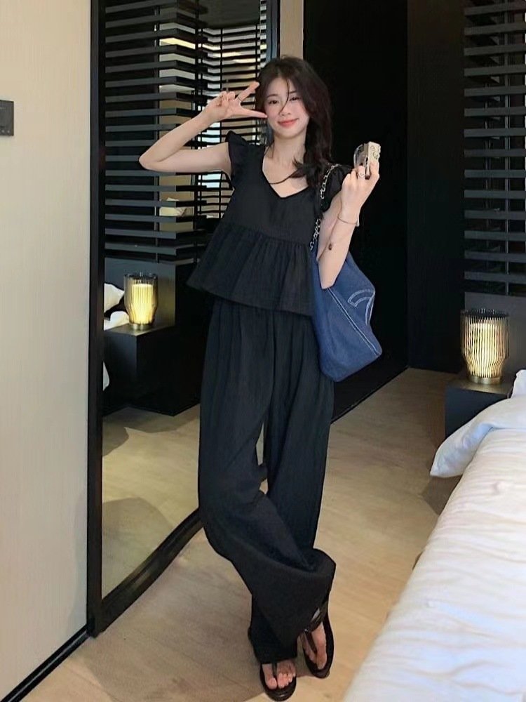 Vapetix S-2XL Salt-style outfit: small fly sleeve short baby doll top women's high-waisted casual wide-leg pants – Bild 7