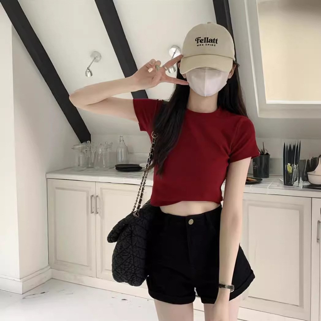 Vapetix M-XXL Women's Short Sleeve Red T-Shirt, Summer New Pure Color Tight Fitting Spaghetti Strap Top for Petit – Bild 4