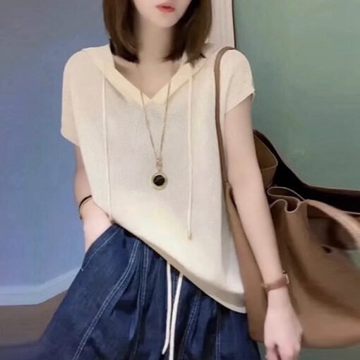 Vapetix Free Size-Free Size  High-end Women's Fashion 2024 New Summer Stylish and Elegant Hooded Knit Top with Drawstring, Thin – Bild 5