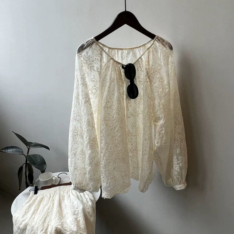 Vapetix M size fits for 80-110 lbs wear-L fits for 110-120 pounds in weight Linen Embroidered Sun Protection Shirt and Shorts Set for Women - Summer Loose Top and Five-Finger – Bild 7