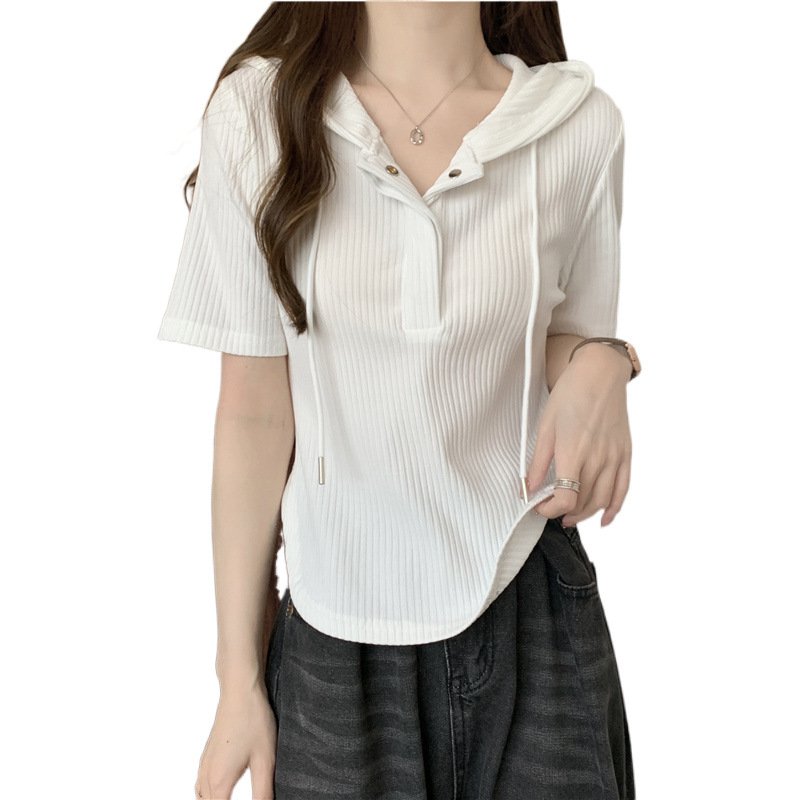 Vapetix M suggestion (40-50 kg)-Size 4XL recommended (181-200 lbs) Women's Hooded Regular Shoulder Short Sleeve T-shirt 2025 Summer Plus Size Slimming Stomach Coverin – Bild 7