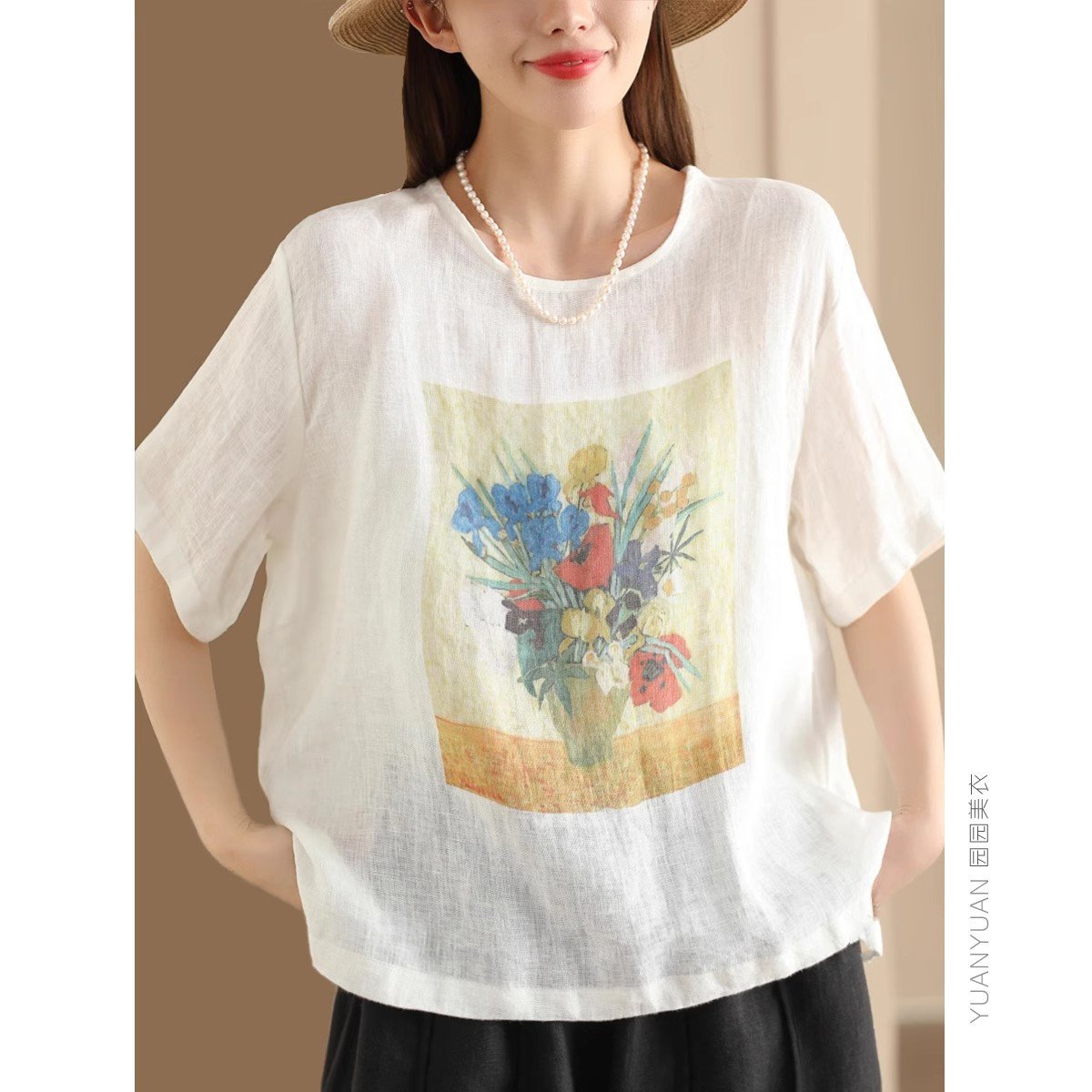 Vapetix M-3XL #603 2025 Summer Printed Cotton-Linen Blouse Women's Round Neck Short Sleeve Top in Linen Brown, Ca – Bild 6