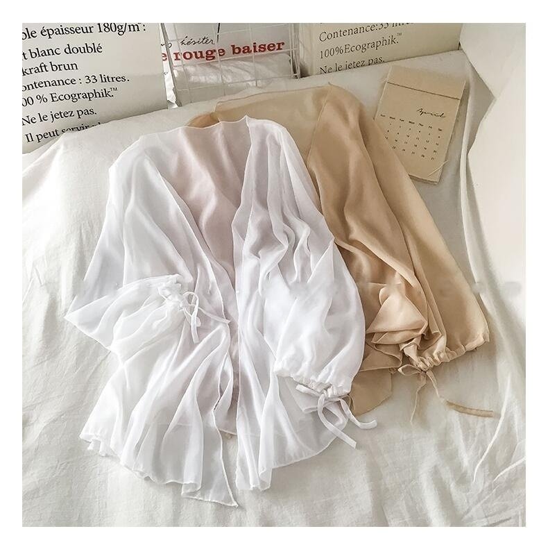 Vapetix S-2XL Summer white fairy-like thin versatile chiffon open jacket women's top for layering long-sleeved su – Bild 9