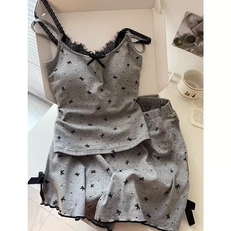 Vapetix M recommends 75-90 pounds-2XL recommended 120-140 Korean-style girl spaghetti strap sleepwear set for summer with design elements, bow lace, lace tri – Bild 8