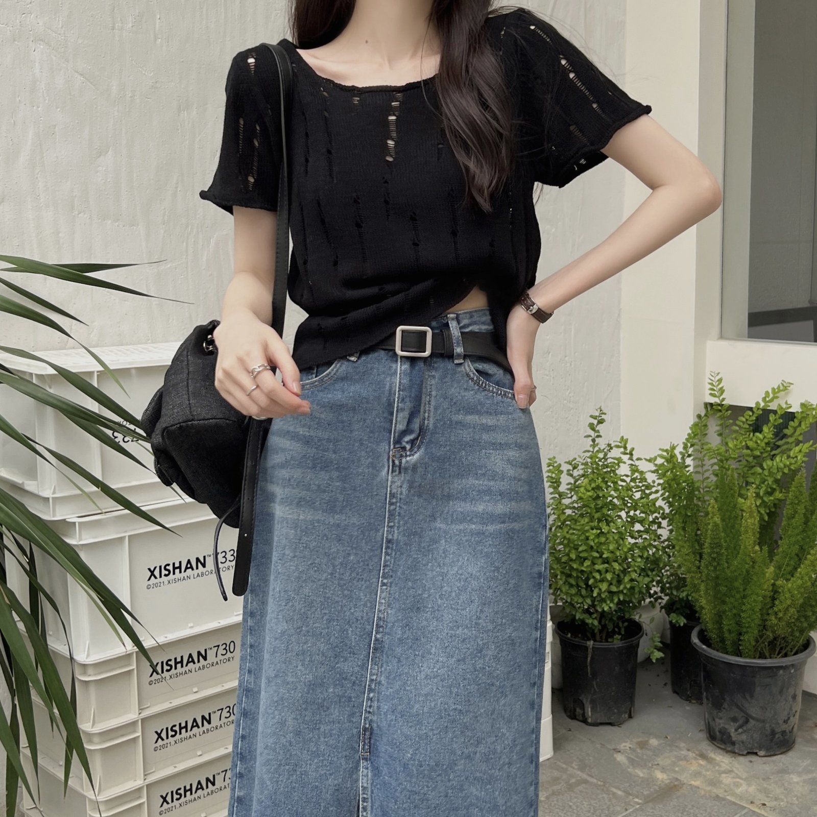 Vapetix Free Size-Free Size French-style T-shirt summer new women's clothing cleverly designed hollow-out t-shirt knitted shirt – Bild 7