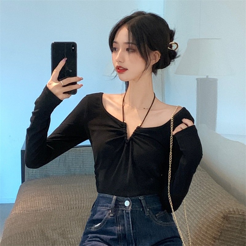 Vapetix Unisex (80-120)-Unisex (80-120) Pure Desire Hot Girl Long Sleeve T-Shirt Women Design Fitted Revealing Collar Slimming Base Top for – Bild 6