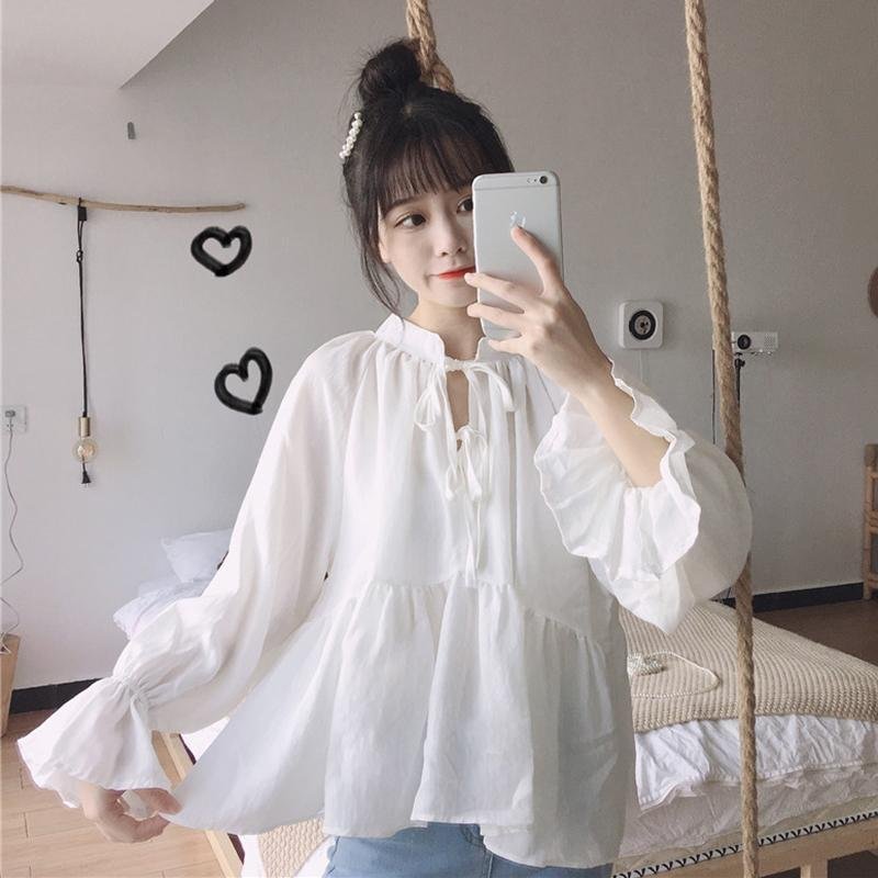 Vapetix S suggests 75-90 pounds-Size 3XL recommended for 130-145 lbs 【5,800 people collected】Summer New Korean Loose Strap Collar Bell Sleeve Babydoll Top Versatile Top – Bild 6