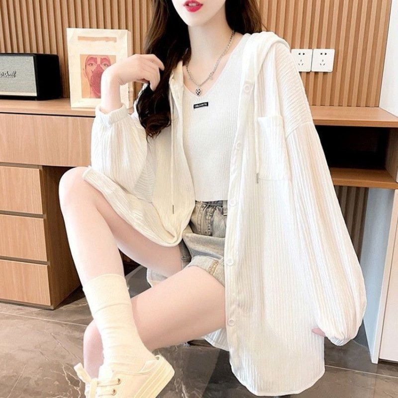 Vapetix S (around 95 jin)-3XL (75kg-85kg) Women's Loose Fit Long-Sleeve Shirt Top, Hooded Sun Protection Jacket, Summer New Outerwear, Stylis - 图片 7