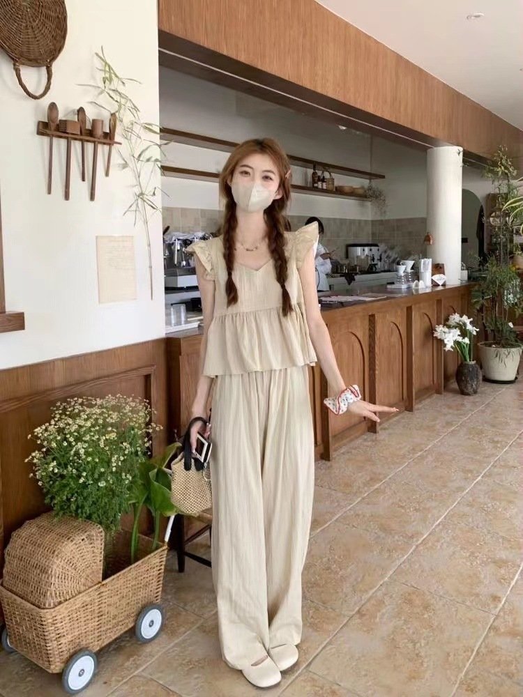 Vapetix S-2XL Salt-style outfit: small fly sleeve short baby doll top women's high-waisted casual wide-leg pants – Bild 9