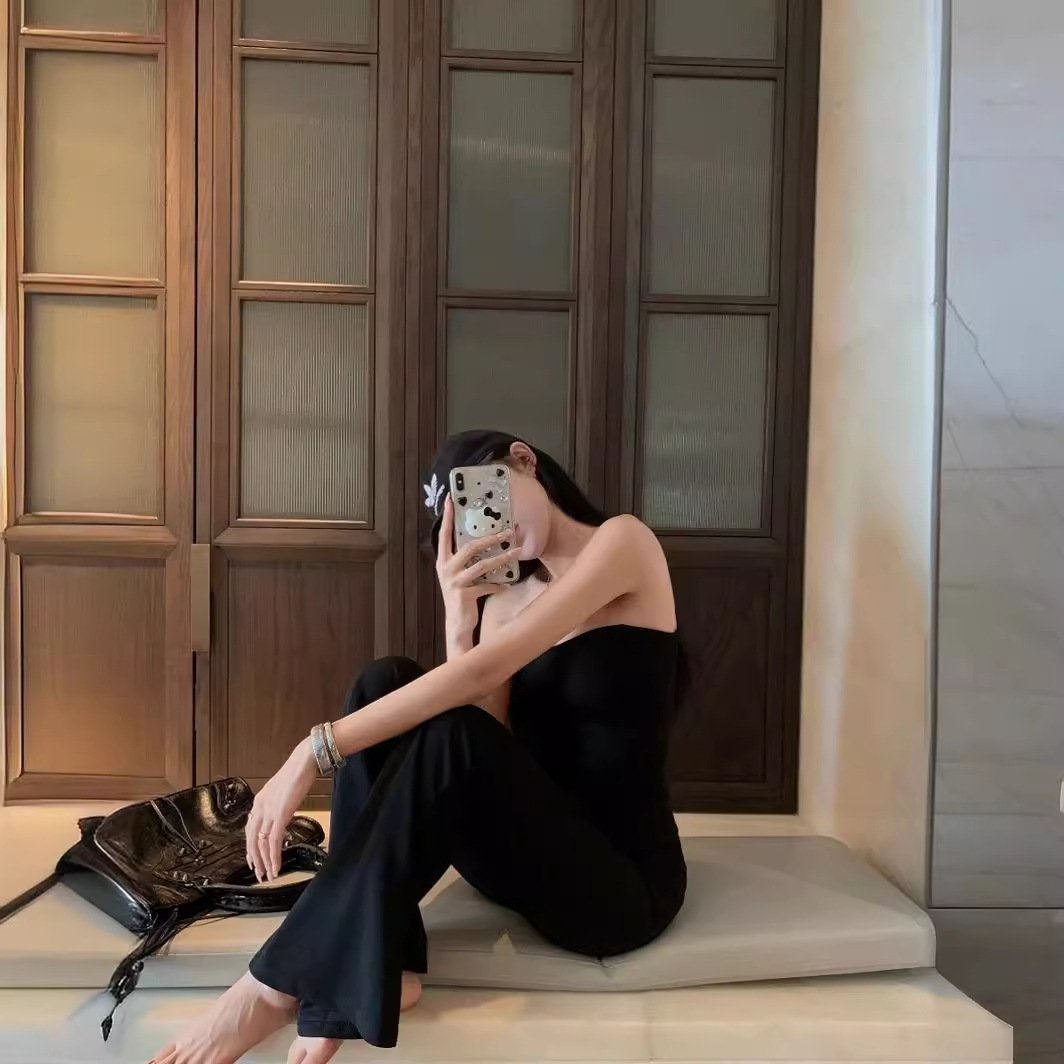 Vapetix S-XL Lady's Fish Bone Lace Bralette Black Backless Top with Spring Micro Flare Casual Floor-Length Pants – Bild 8