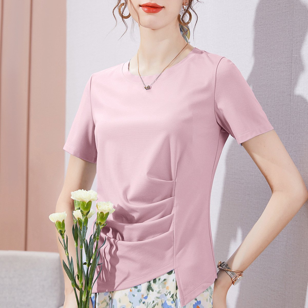 Vapetix M-XXXXL Women's Short Sleeve Summer T-shirt 2025 with Pleated Design, Asymmetrical Top, Trendy and Stylish – Bild 8