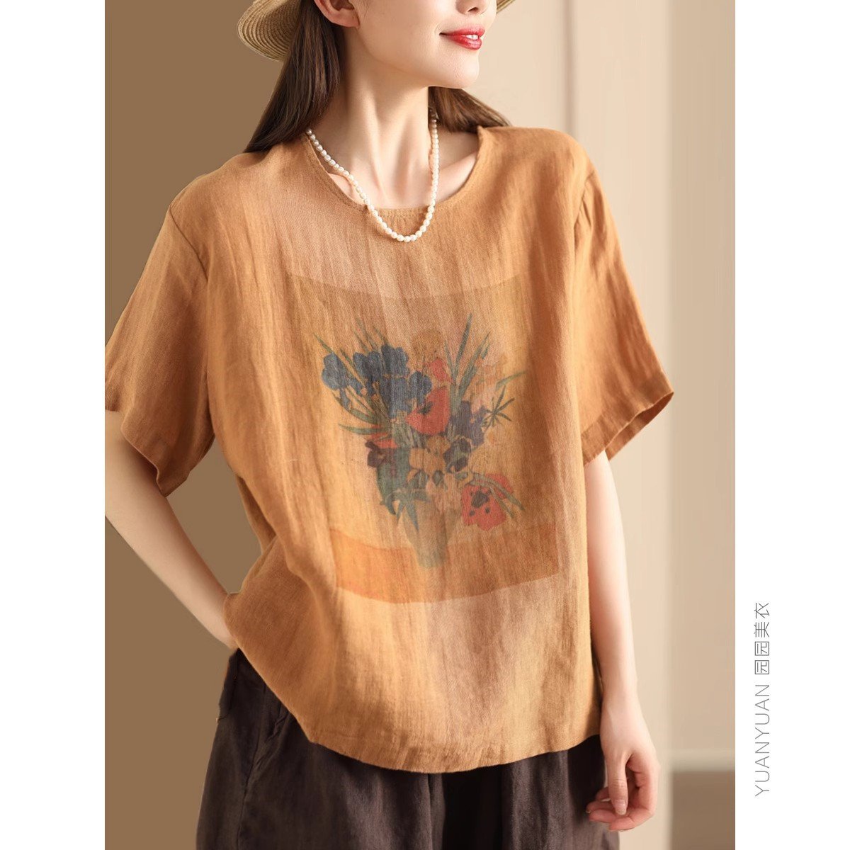 Vapetix M-3XL #603 2025 Summer Printed Cotton-Linen Blouse Women's Round Neck Short Sleeve Top in Linen Brown, Ca – Bild 7