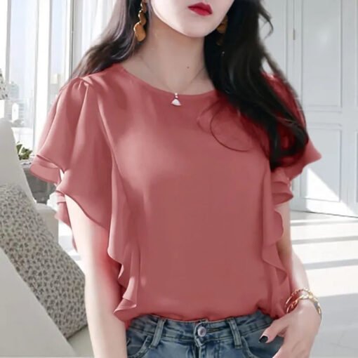 Vapetix XS-4XL  Chic ruffled chiffon shirt, short-sleeved summer new style, large size loose-fit slimming top for w – Bild 8