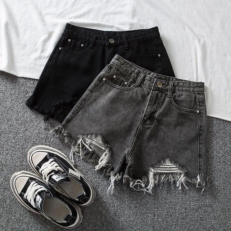 Vapetix S-2XL Gray denim shorts for women, summer tassel high-waisted frayed loose slimming student ripped Instag – Bild 9