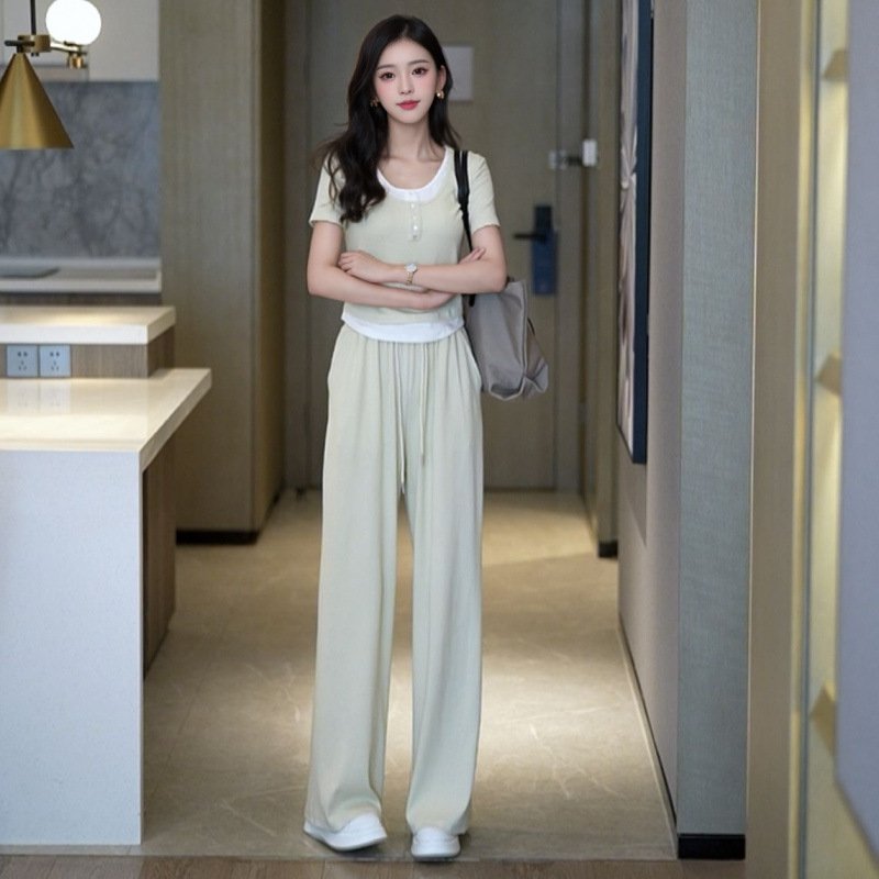 Vapetix M 【Recommended 40-50 kg】-4XL 【Suggested 155-170 lbs】 Summer Women's Sporty Casual Slimming Two-Piece Set with Pseudo Two-Piece Top and Wide Leg Pants Se – Bild 5