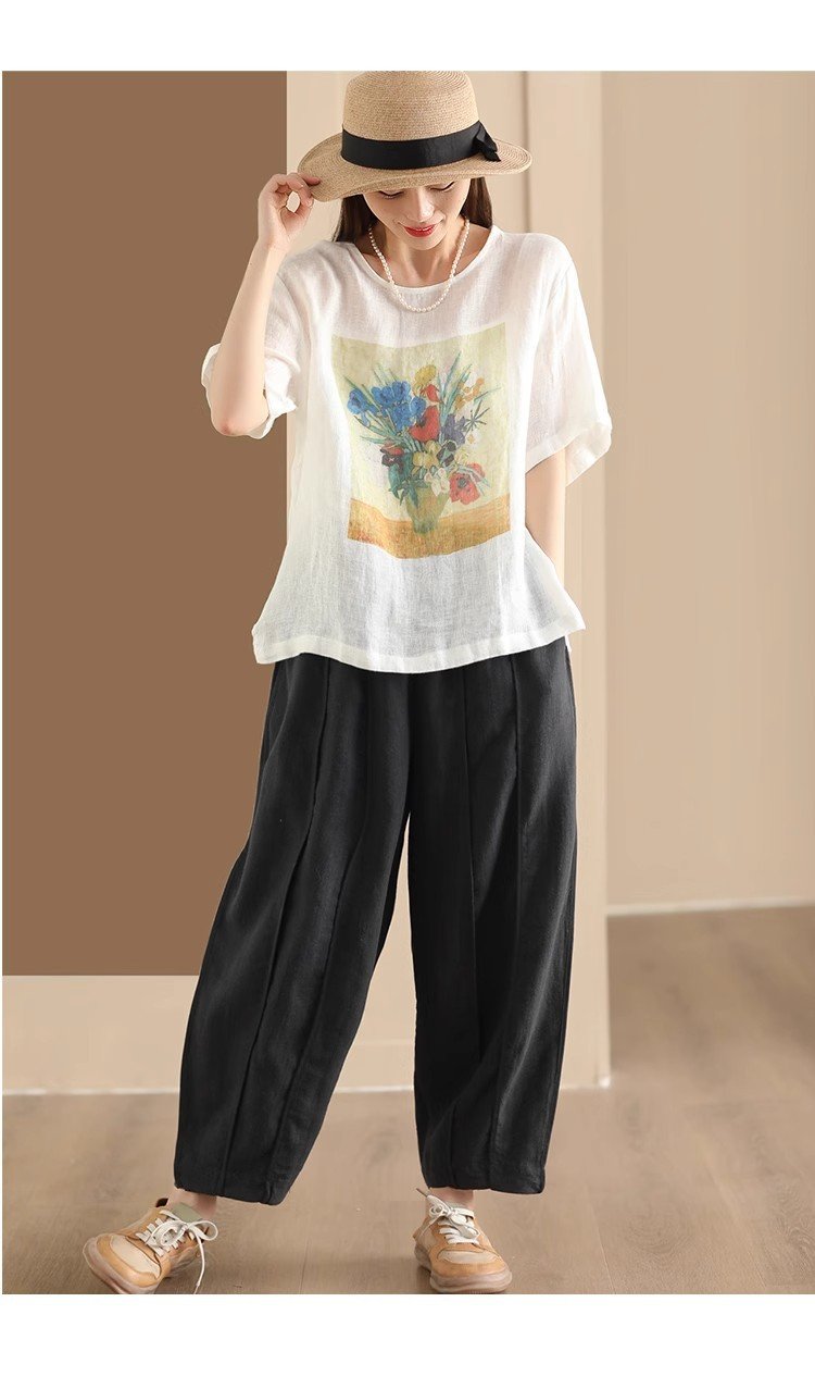 Vapetix M-3XL #603 2025 Summer Printed Cotton-Linen Blouse Women's Round Neck Short Sleeve Top in Linen Brown, Ca – Bild 8