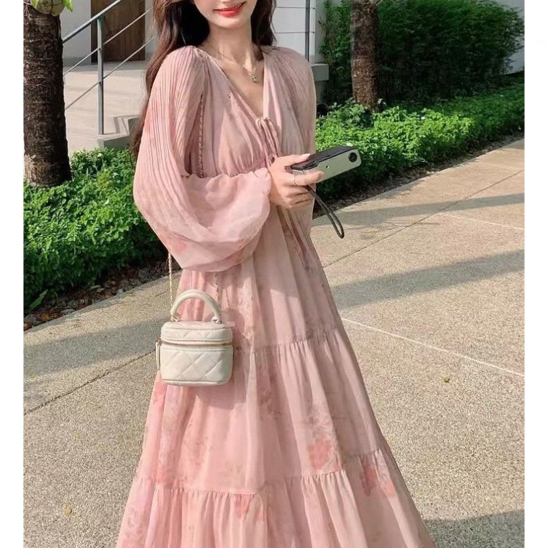 Vapetix S-2XL Long-sleeved Dress Korean Version 2025 Summer New Floral Loose Cover Belly Lantern Sleeve Dopamine - 图片 5